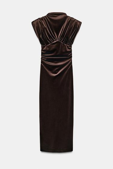 فستان ميدي مخملي مزموم - بني داكن الخاص بـ Zara - صورة 0