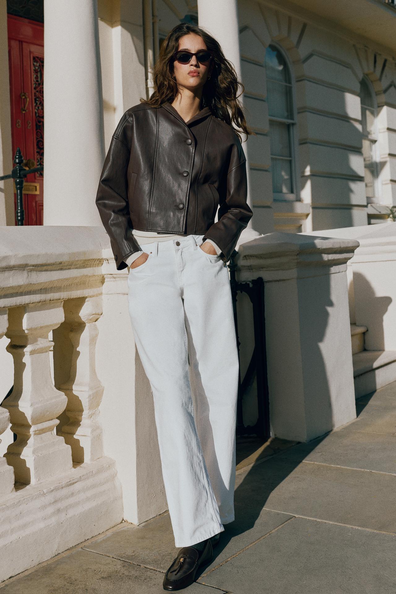 LEATHER EFFECT JACKET WITH BACK PLEATS — Brown