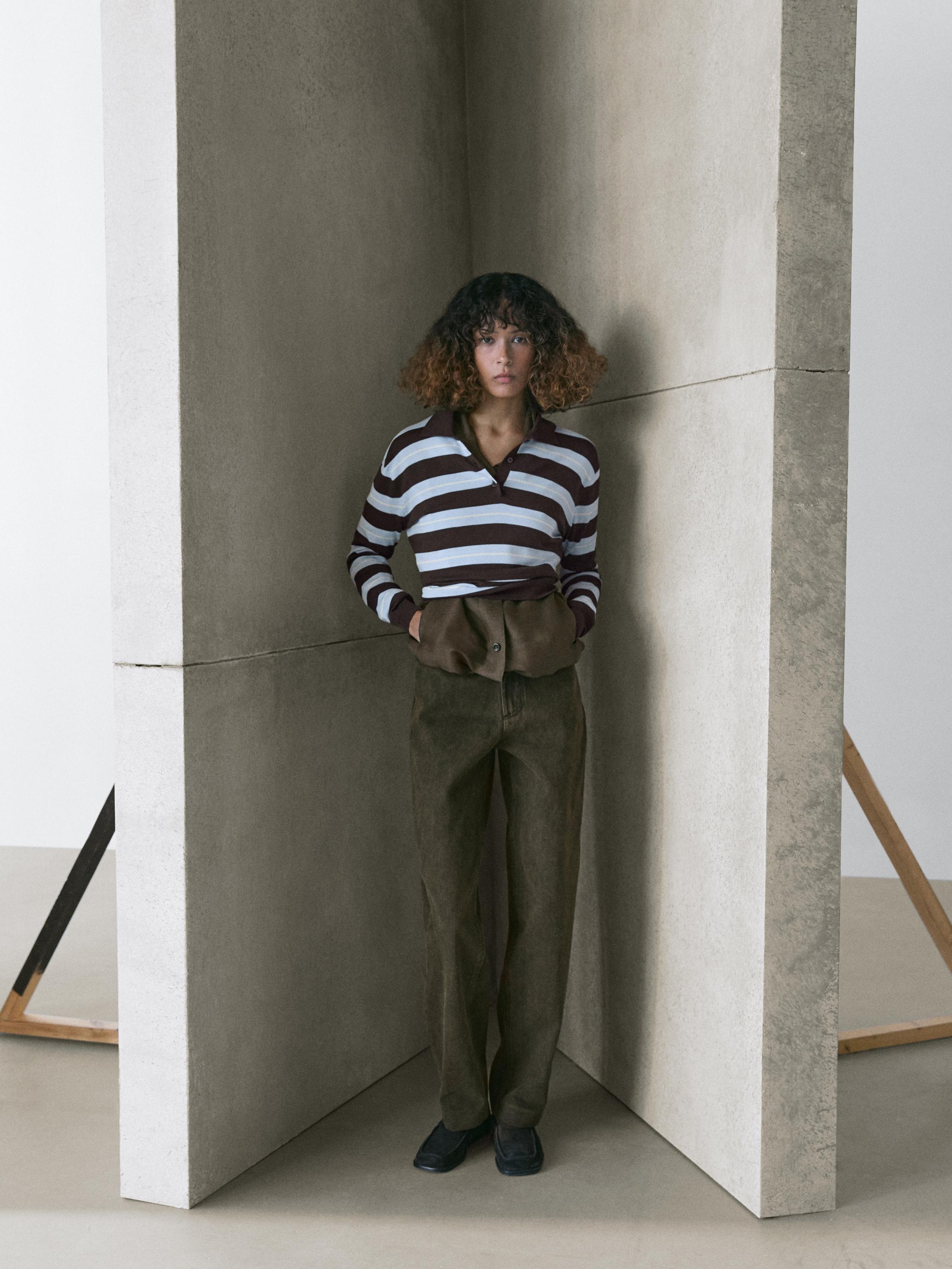 Cotton striped knit polo sweater