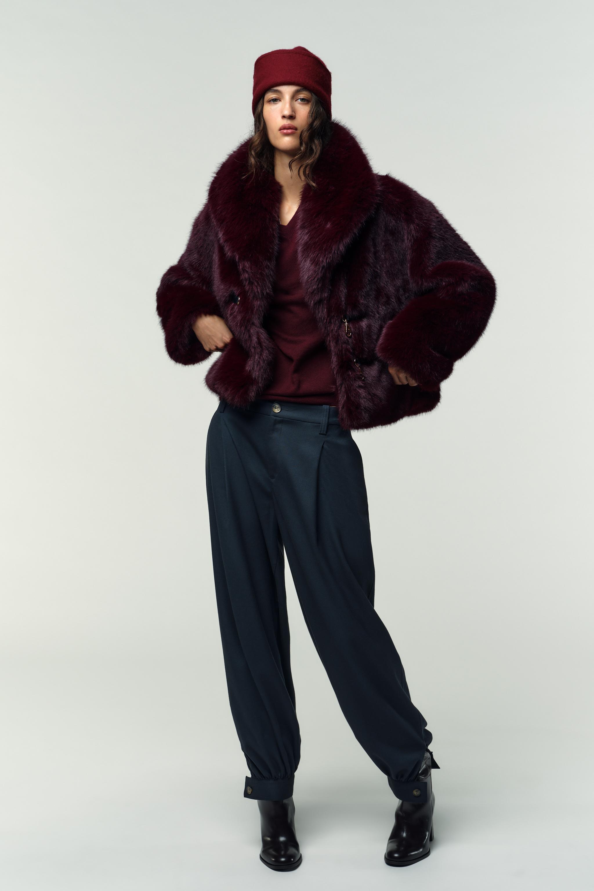 SHORT FAUX FUR COAT WITH FIREMAN CLASPS Burgundy ZARA Spain