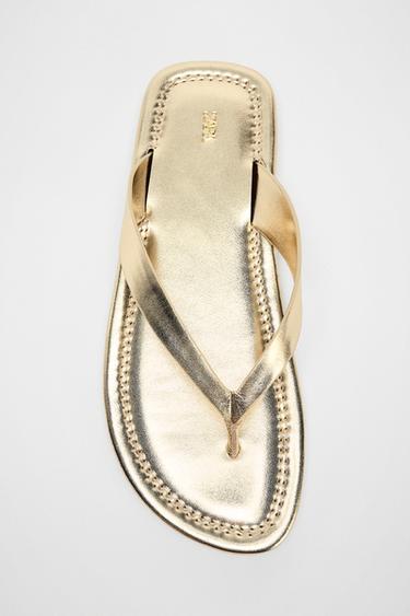 Zara FLAT LEATHER SANDALS - Gold