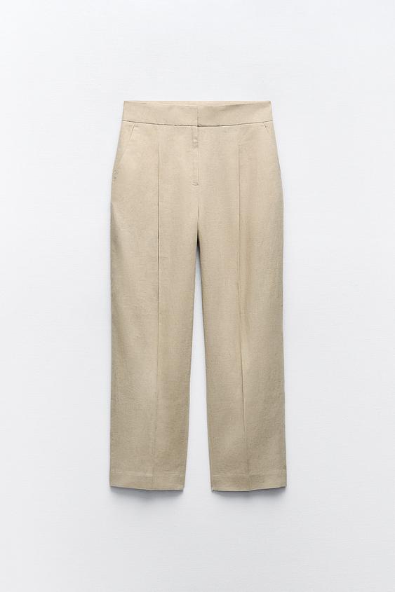 Zara High-Rise Wide Leg Linen Blend Cargo Pants Vanilla Bean Pale