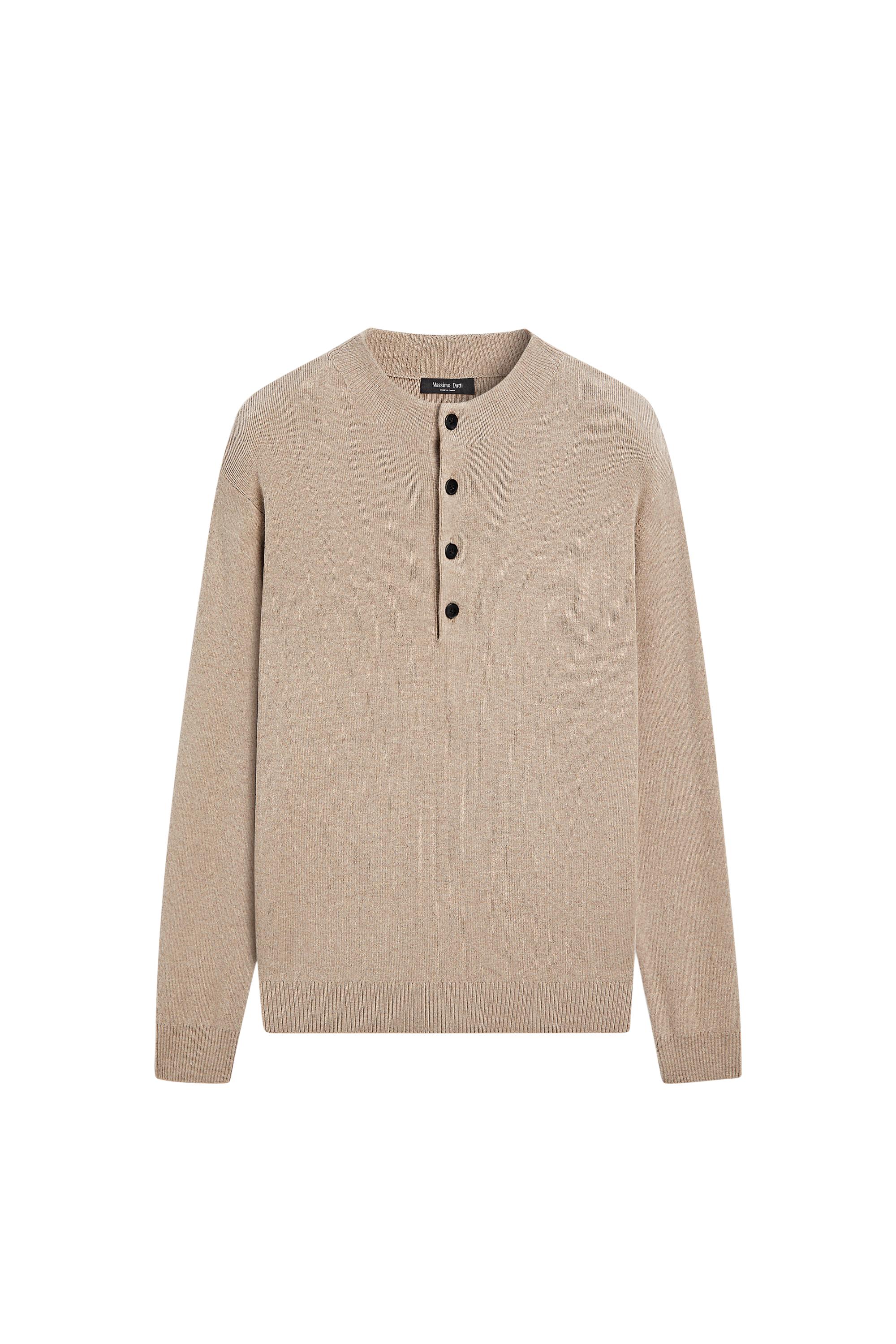Button mock neck knit sweater — Dark beige