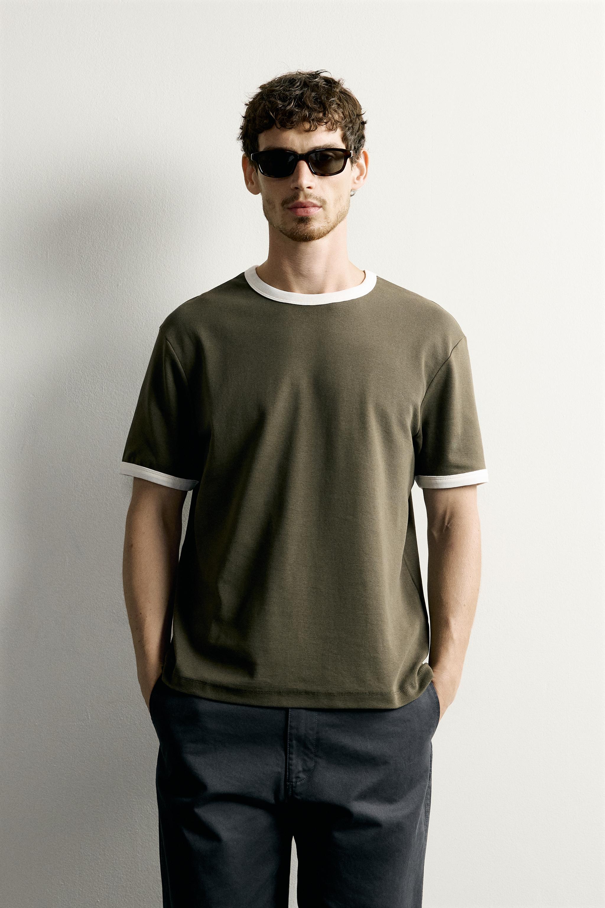 RINGER BASIC CONTRAST RIB T-SHIRT — Green
