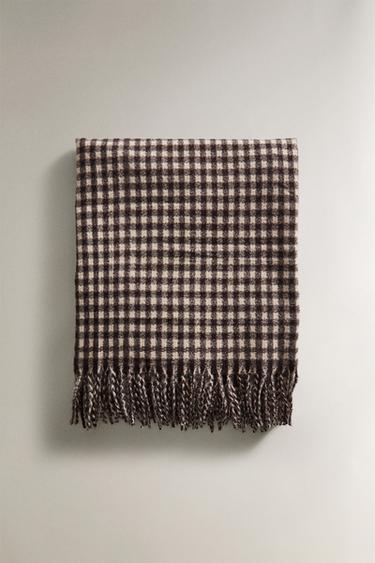 Zara CHECK BLANKET WITH FRINGING - Dark brown