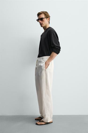 RELAXED FIT VISCOSE-LINEN TROUSERS WITH BELT - Ecru by Zara - Image 3