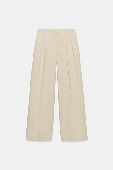 LINEN BLEND WIDE-LEG TROUSERS - Light beige by Zara
