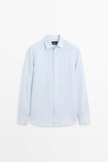 Zara 100% linen regular fit shirt - Green stripe - Image 0