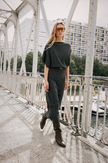 Zara BELTED KNIT MIDI DRESS - Dark gray
