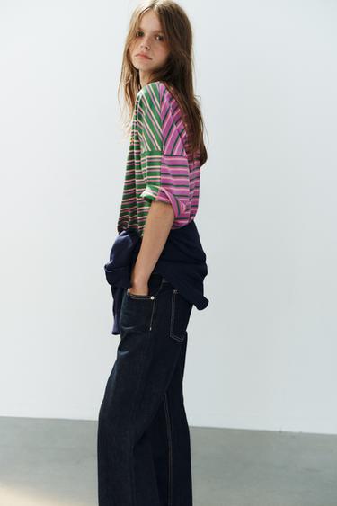 STRIPED OVERSIZE T-SHIRT WITH TEXT - Green by Zara
