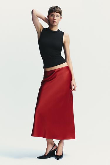 Zara Kırmızı - SATEN YÜZEYLİ MİDİ ETEK