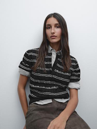 Pull à manches courtes et rayures en coton - Bleu marine de Zara