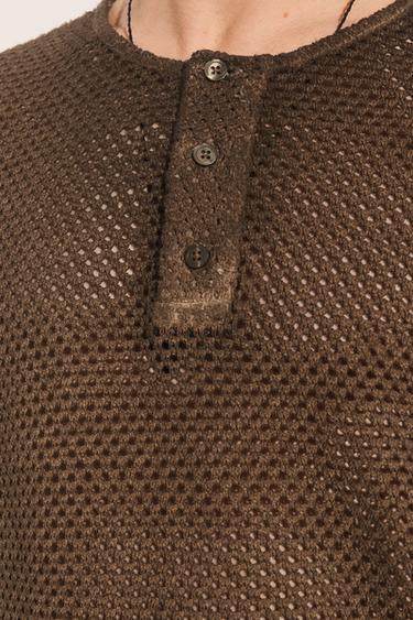 KNIT HENLEY CROCHET T-SHIRT - Brown by Zara - Image 3