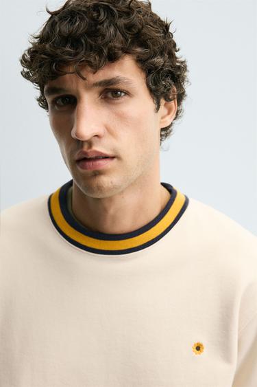Zara CONTRAST RIB EMBROIDERED SWEATSHIRT - Oyster-white