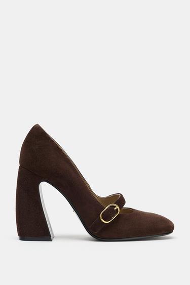 LEATHER HEELED SHOES WITH BUCKLE DETAIL - Brown by Zara - Image 0