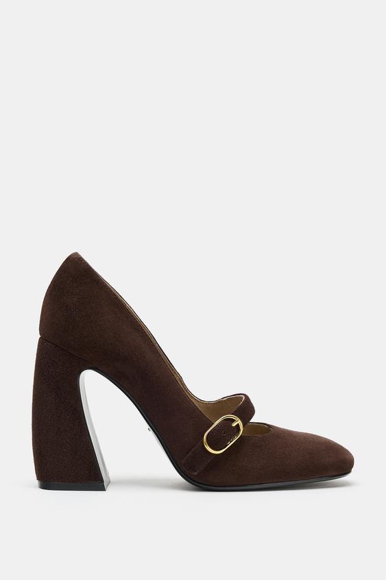 LEATHER HEELED SHOES WITH BUCKLE DETAIL - Brown by Zara - Image 0