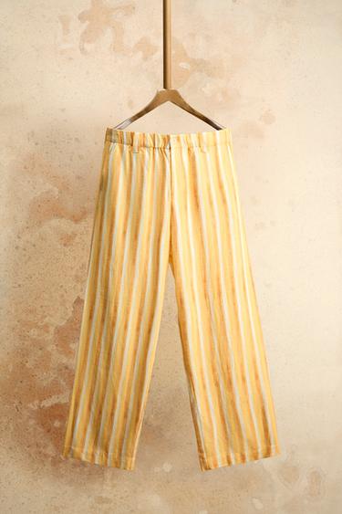 Zara VISCOSE LINEN STRIPED PANTS - Yellow