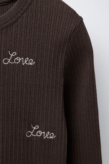 RIBBED EMBROIDERED T-SHIRT - Brown by Zara - Image 2