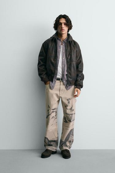 Zara EMBOSSED FAUX LEATHER BOMBER JACKET FORD © - Brown