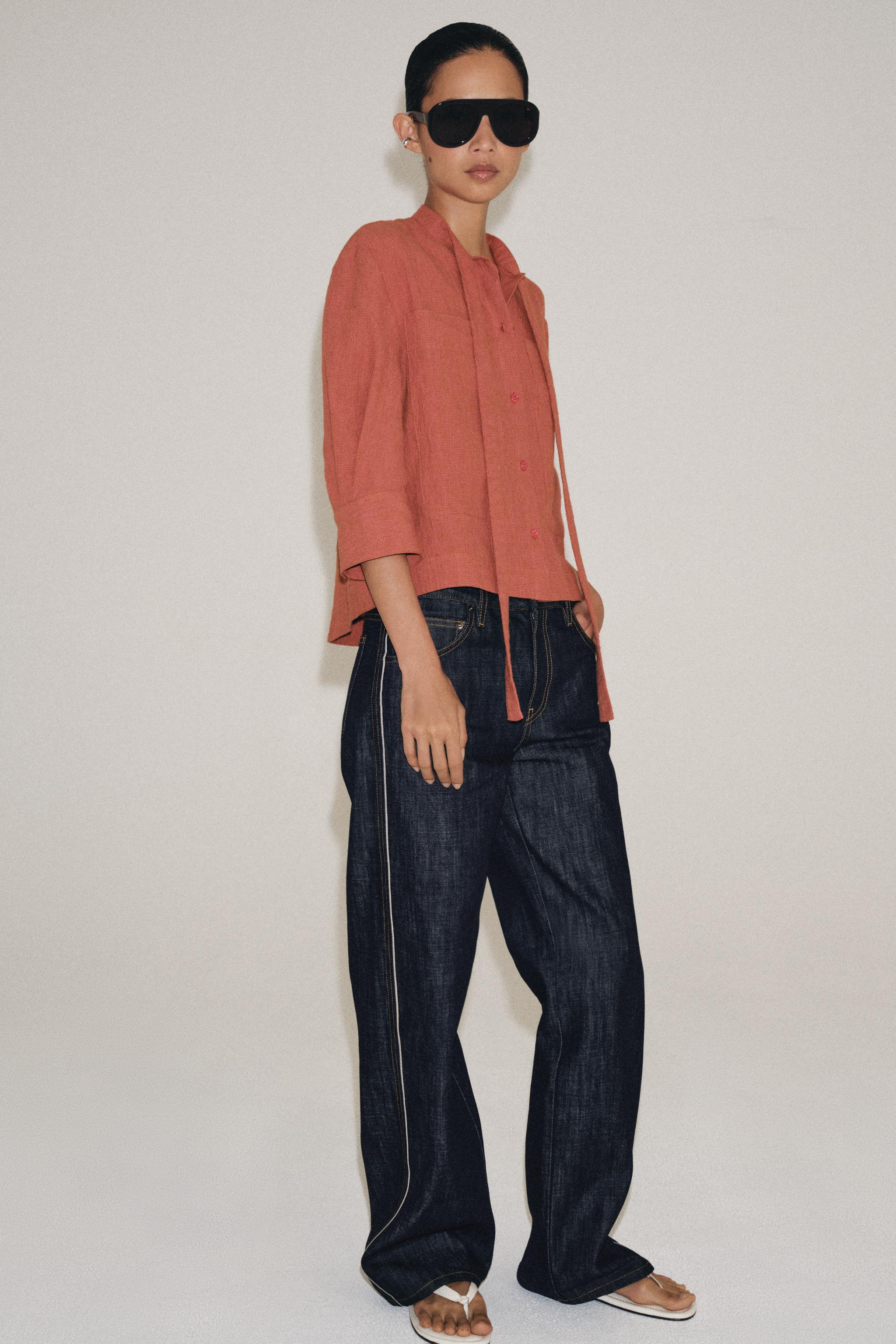 Zara ZW COLLECTION BAĞLAMALI KETEN İÇERİKLİ GÖMLEK görsel 4