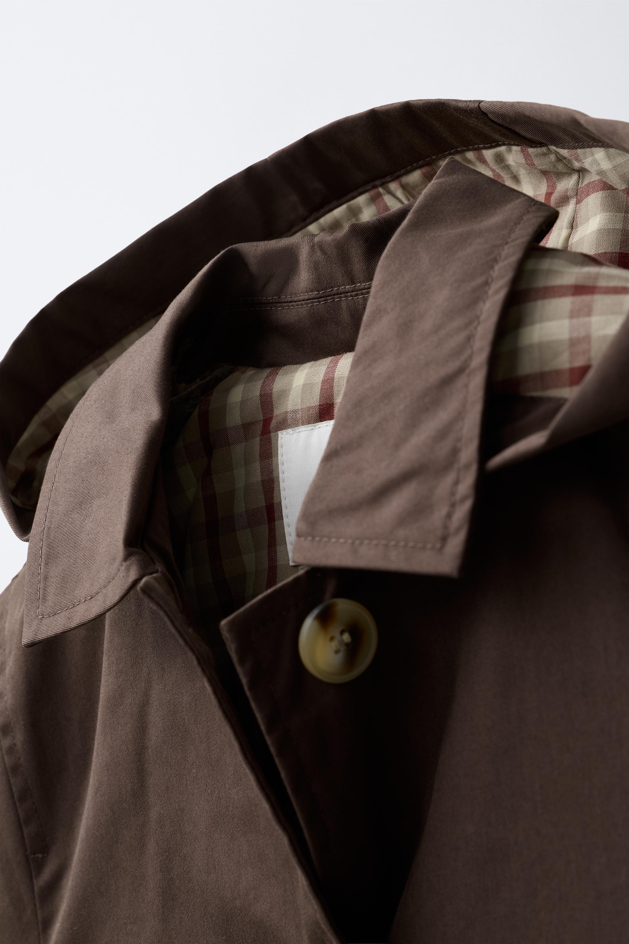 HOODED PLAID-LINED TRENCH COAT