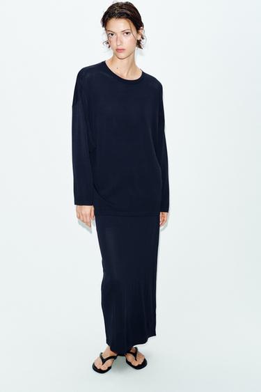 Zara 細針織中長裙 - 海藍色