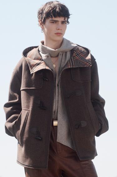 LIMITED EDITION WOOL BLEND CHECKED THREE-QUARTER-LENGTH COAT WITH CONTRAST DETAIL - Taupe by Zara