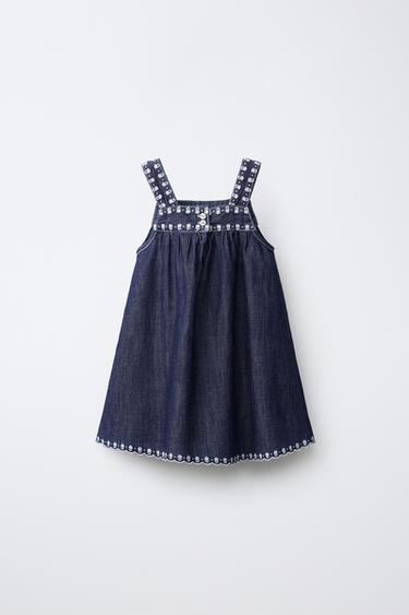 FLUID DENIM DRESS WITH EMBROIDERED FLOWERS - Blue by Zara
