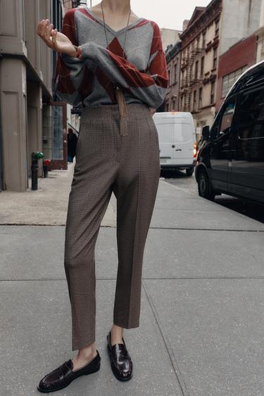 PANTALON TAILLE HAUTE À CARREAUX - Marron de Zara - Image 2