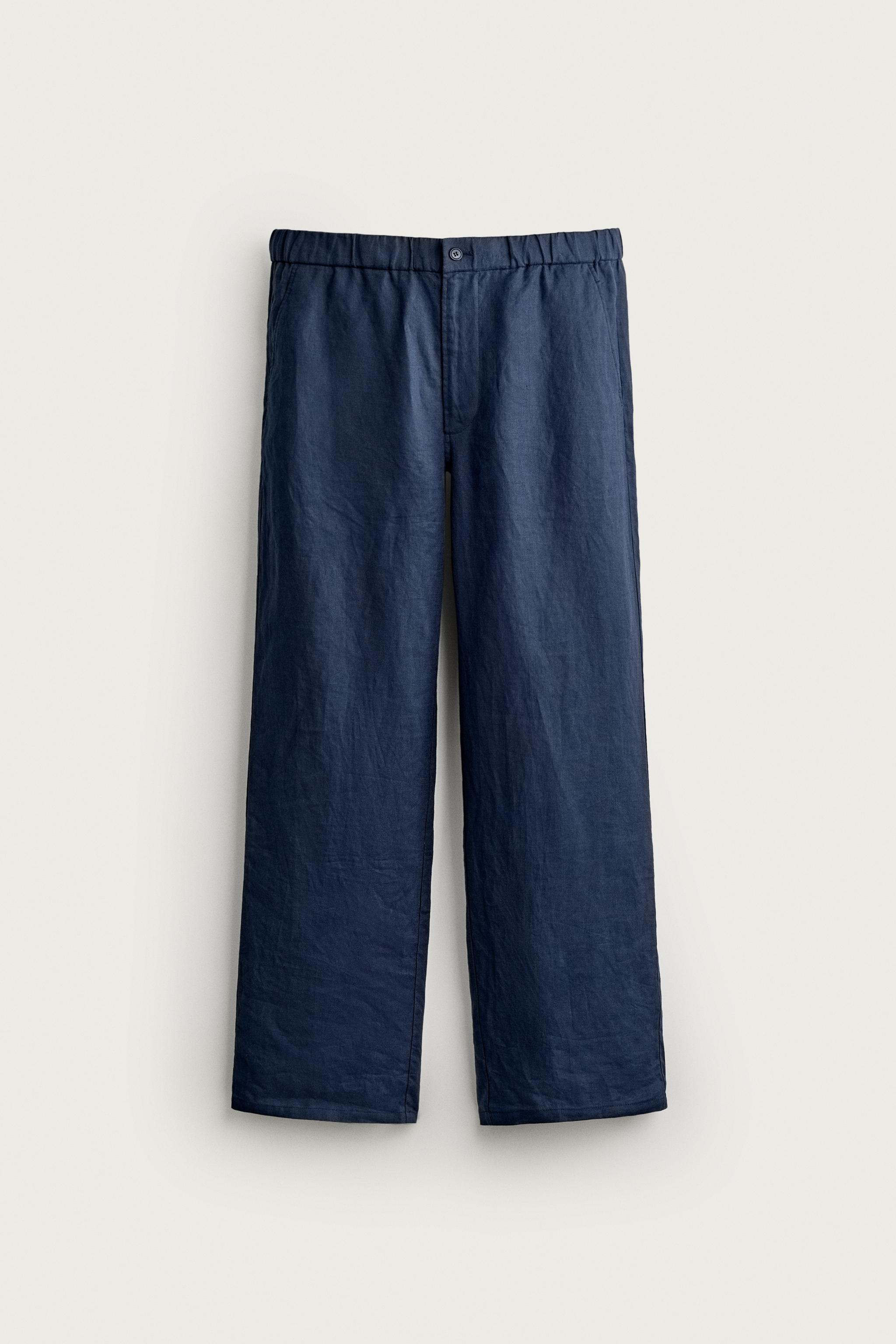 100% LINEN REGULAR FIT PANTS — Navy blue