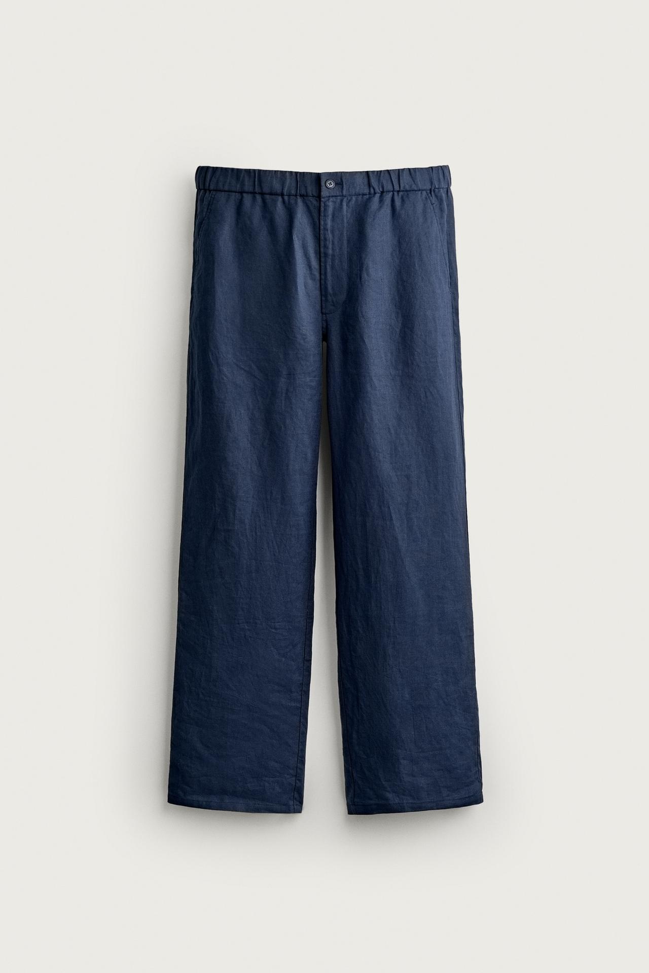 100% LINEN REGULAR FIT PANTS — Navy blue