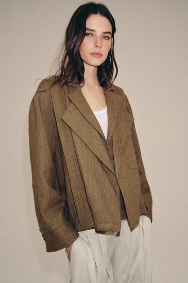 ZW COLLECTION LINEN POCKET BOMBER JACKET - Light brown by Zara