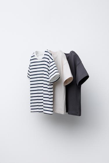 DREIERPACK EINFARBIGE UND GESTREIFTE T-SHIRTS - Grau von Zara