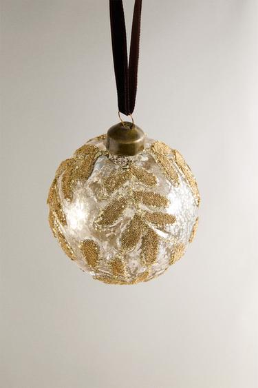 GLITTERY FLORAL BAUBLE CHRISTMAS TREE DECORATION - Golden by Zara - Image 1