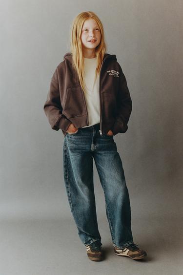 ZIP-UP HOODIE WITH SLOGAN - Brown by Zara