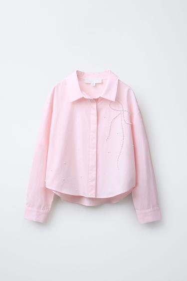 Zara PEARL BOW POPLIN SHIRT - Pink - Image 0