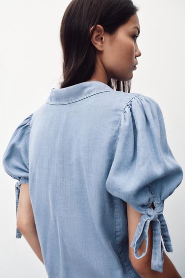 CHEMISE À MANCHES COURTES ET LACETS - Bleu clair de Zara - Image 4