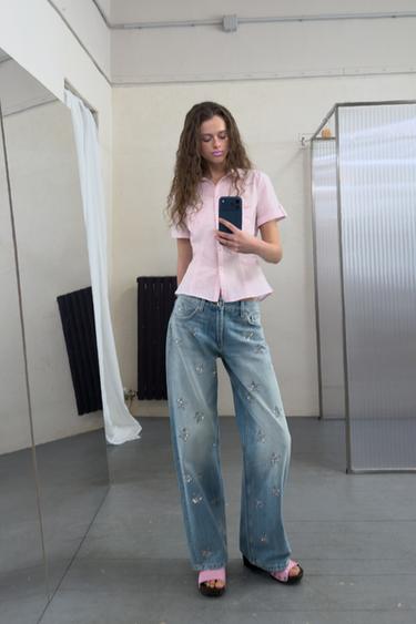 جينز TRF واسع الساق مع ستراس وخصر منخفض - أزرق الخاص بـ Zara