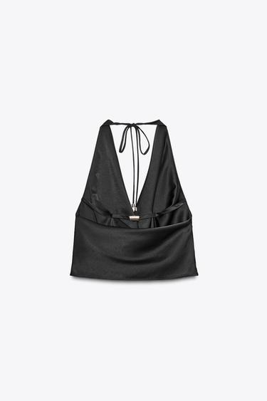 TOP SATINÉ AVEC VERROTERIE - Noir de Zara - Image 8