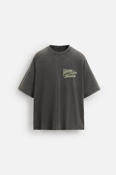 テキスト入りユーズド加工ＴシャツダークアンソラジットZaraのテキスト入りユーズド加工Ｔシャツ - ダークアンソラジット 
