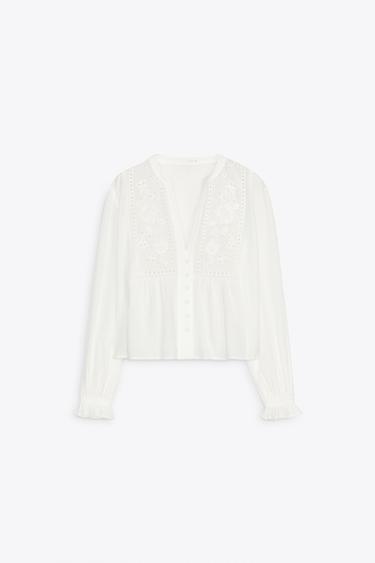 CROPPED BLOUSE WITH CUTWORK EMBROIDERY - White by Zara - Image 2