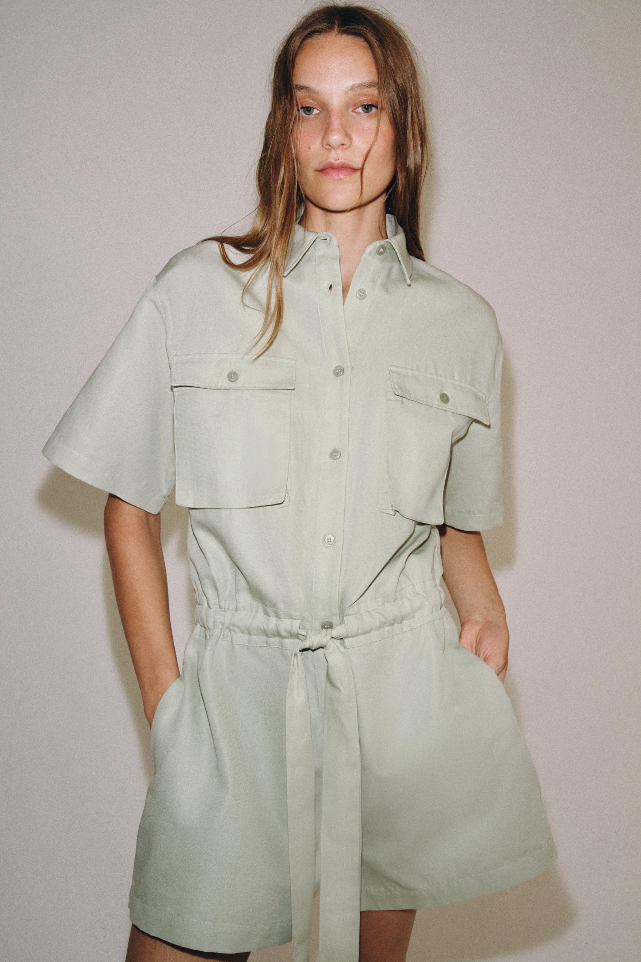 ZW COLLECTION BELTED SHIRT JUMPSUIT — Light mint green