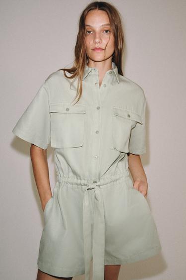 ZW COLLECTION BELTED SHIRT JUMPSUIT - Light mint green by Zara