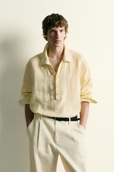 Zara 100% LINEN POLO SHIRT - Pastel yellow