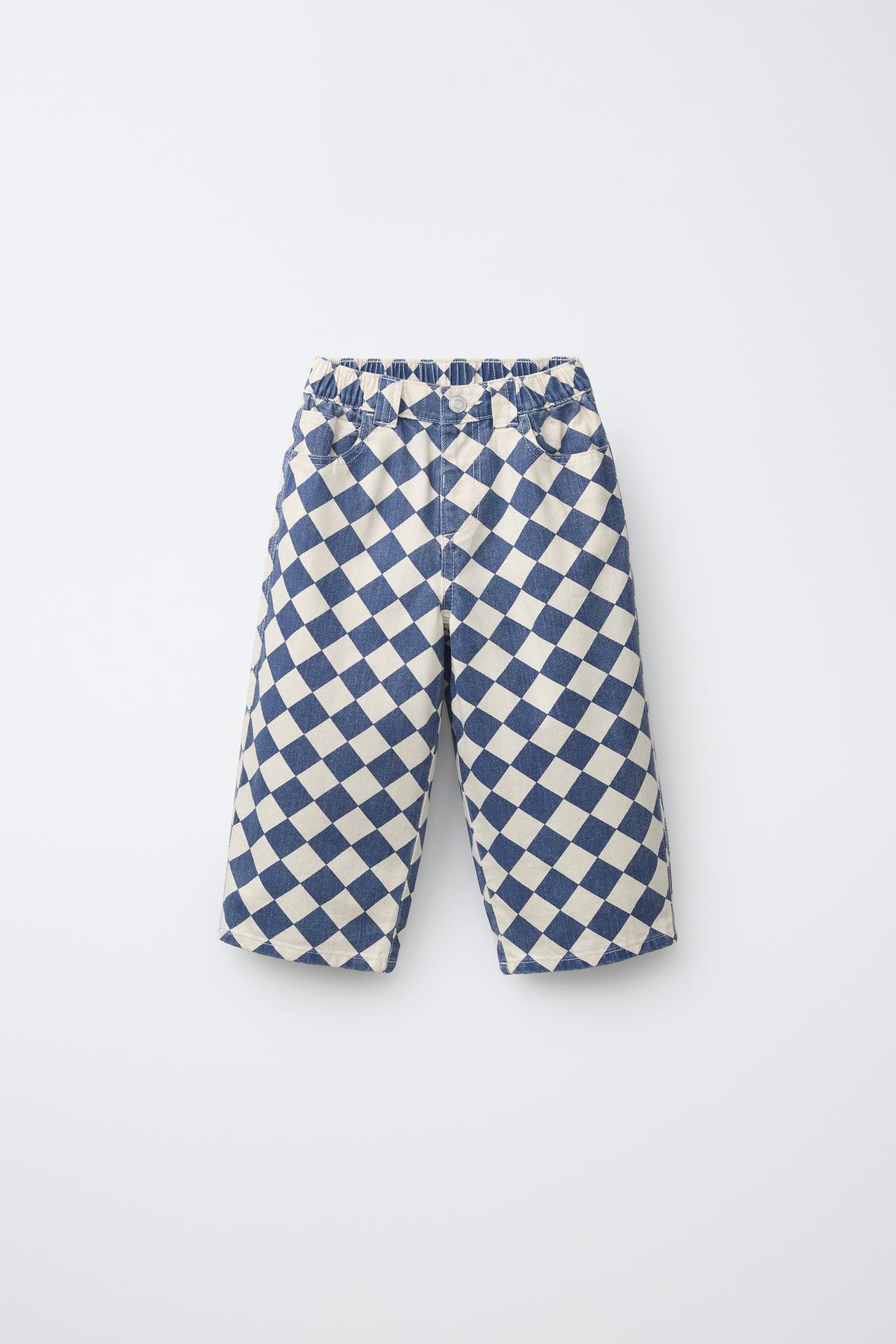 CHECKERED BAGGY TWILL PANTS — Ecru / Blue