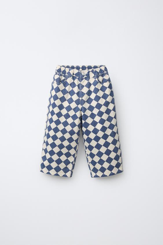 Zara 格紋斜紋垮褲 - 裸色 / 藍色 - 圖片 0