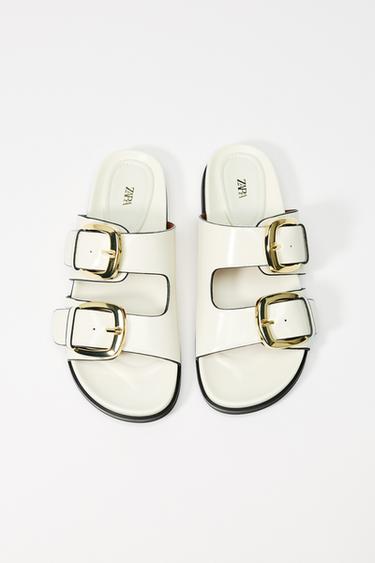 Zara DOUBLE STRAP BUCKLE FLAT SANDALS - White