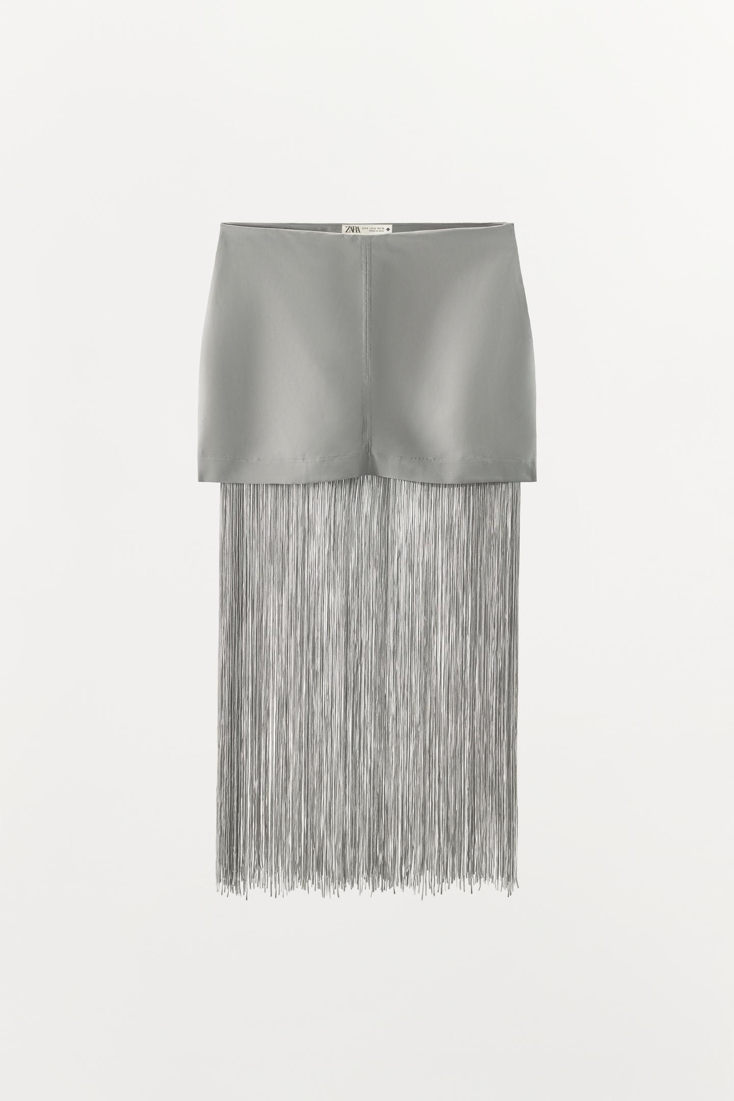 Женская юбка Zara Fringed Linen Mini, цвет: Серый — фото 5