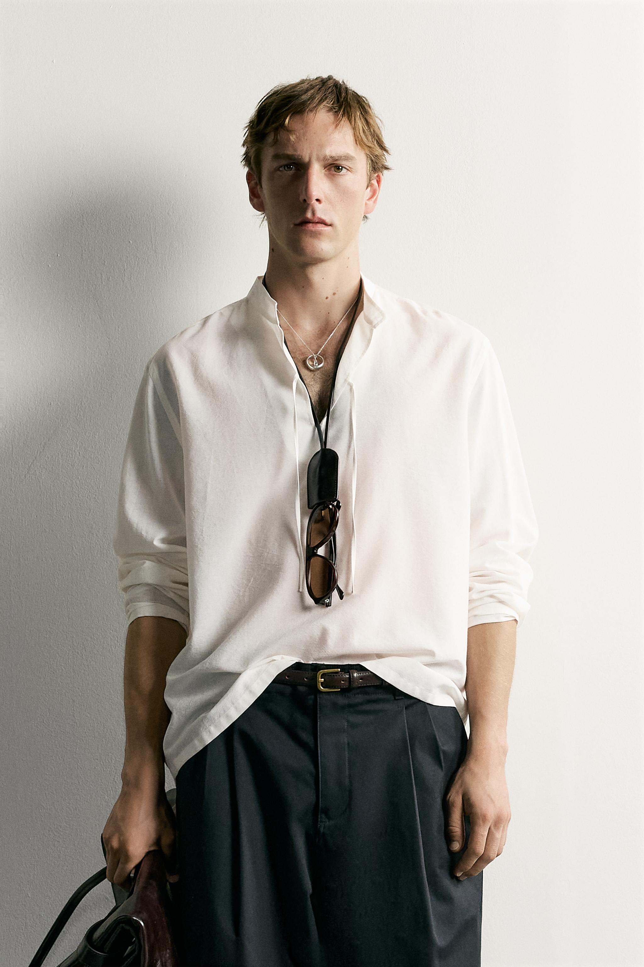 COTTON VISCOSE TIE DETAIL RELAXED FIT SHIRT — Oyster-white