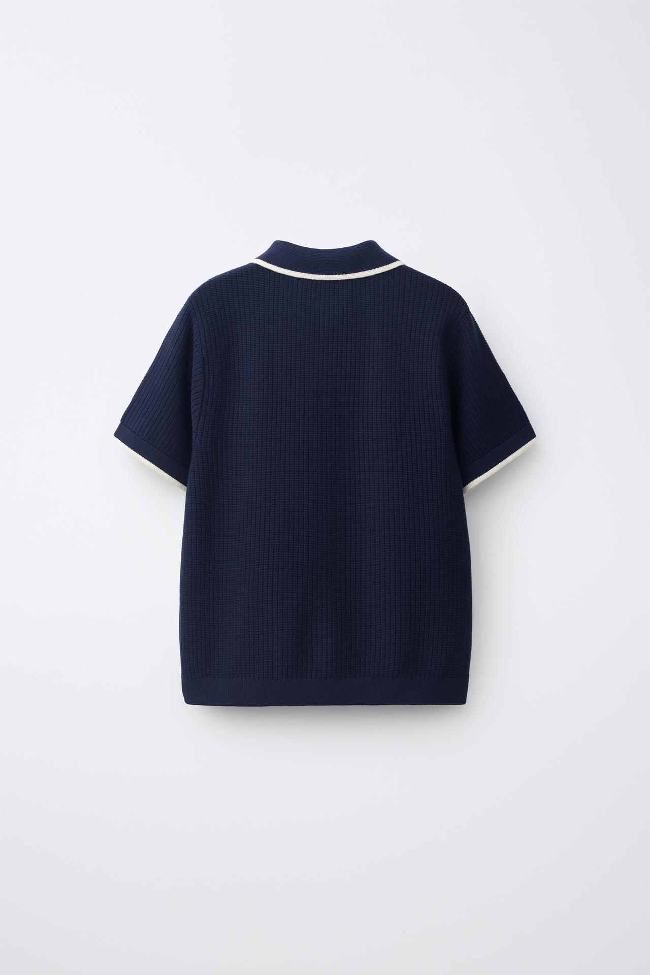 CONTRAST PIPING RIBBED POLO — Dark navy